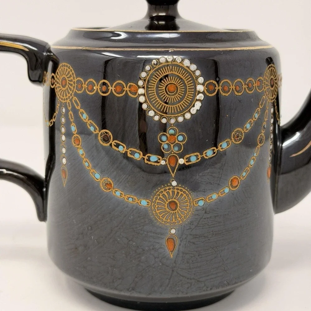 Vintage English Teapot Black Glaze Hand Painted‎ Made in England